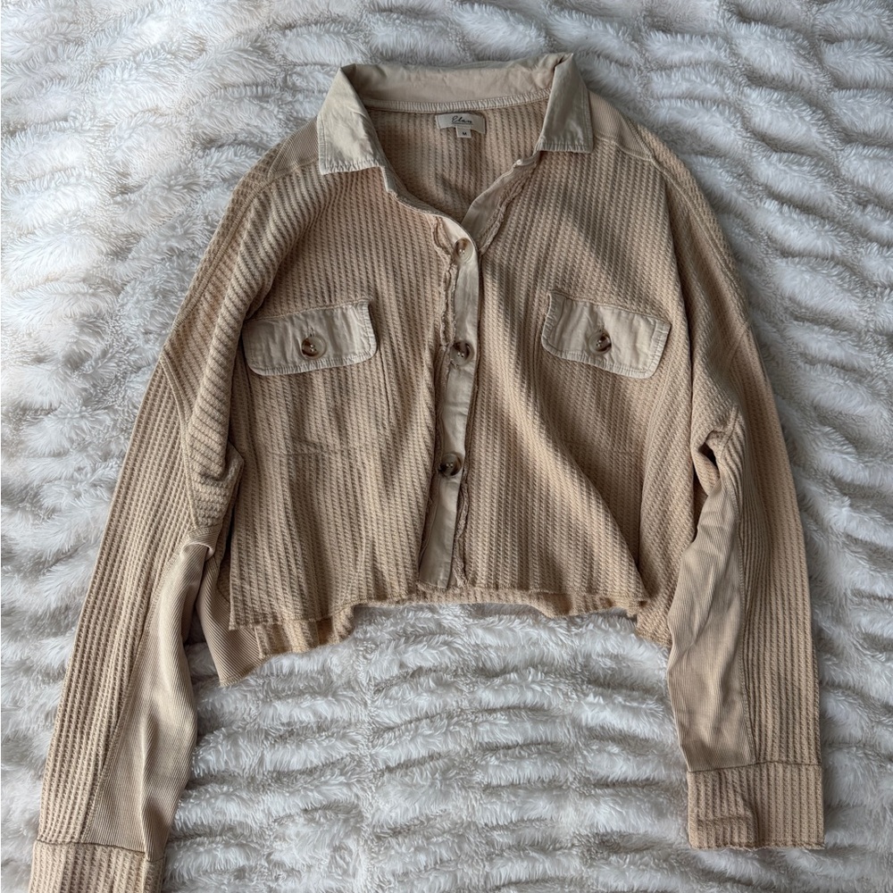 Elan Tan Button-Up Crop Top